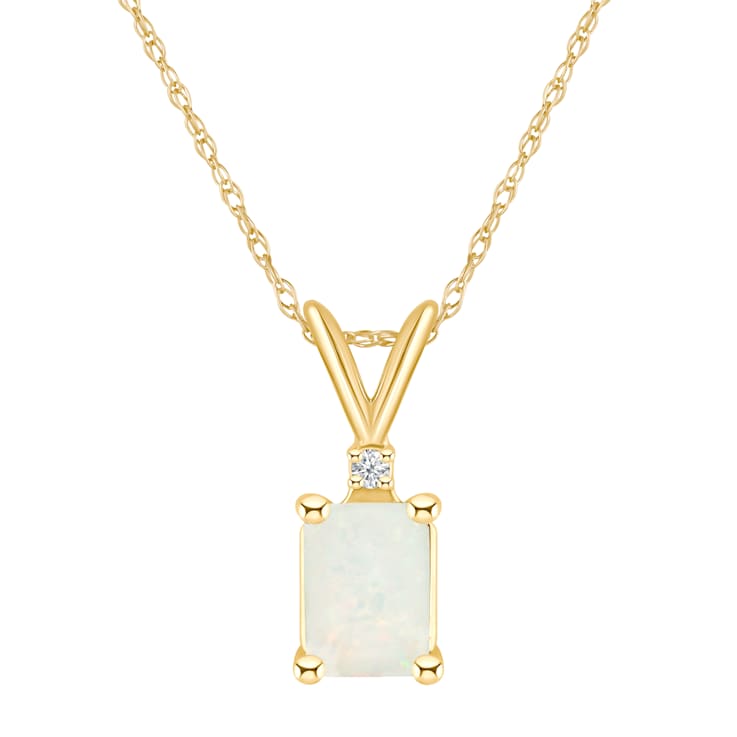 7x5mm Emerald Cut Opal with Diamond Accent 14k Yellow Gold Pendant With Chain