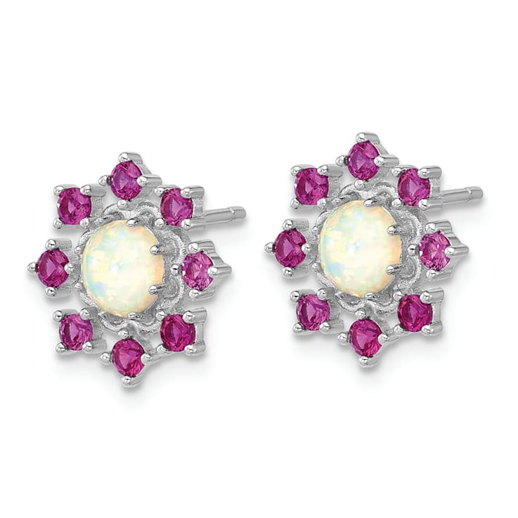 Rhodium Over Sterling Silver Lab Created Opal and Pink Crystal Flower
Post Earrings