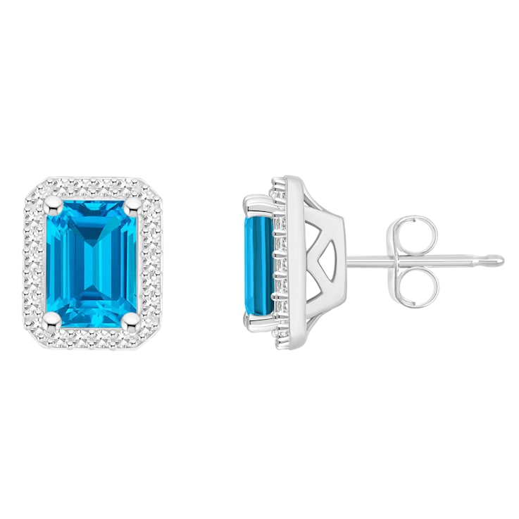 7x5mm Emerald Cut Blue Topaz 1/5 ctw Diamond Rhodium Over Sterling
Silver Halo Stud Earrings