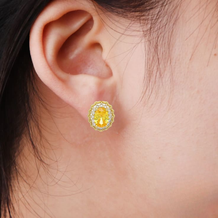 Yellow Citrine and White Sapphire Sterling Silver Halo Earrings