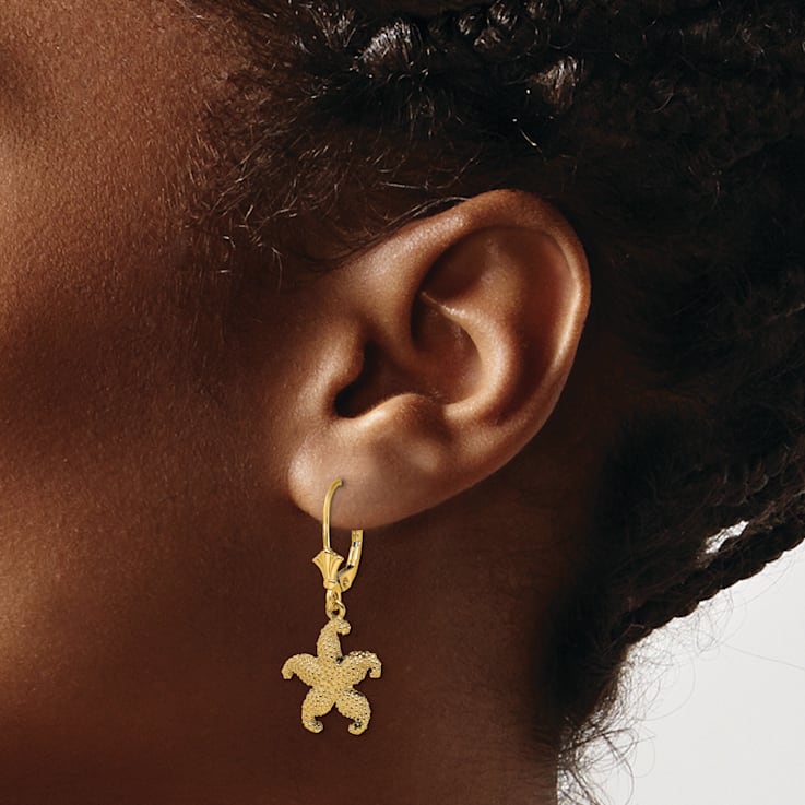 14k Yellow Gold Textured Puffed Starfish Earrings