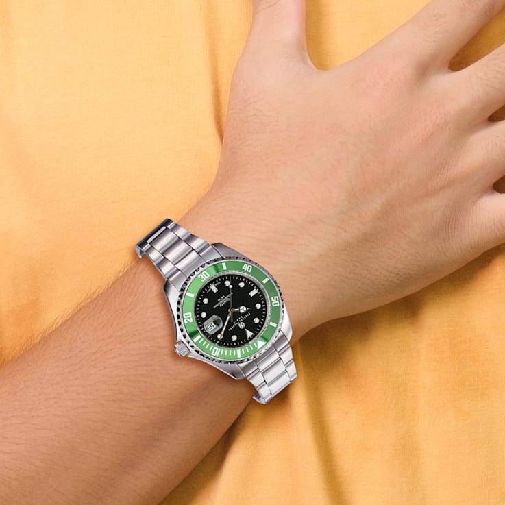 Charles Hubert Stainless Steel Black Dial Green Bezel Watch 1JWGTA