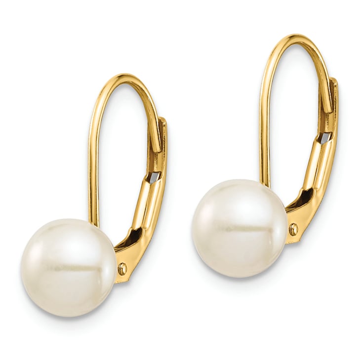 14K Yellow Gold 6-7mm White Button Freshwater Cultured Pearl Leverback Earrings