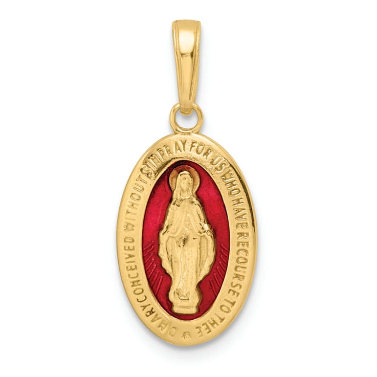 14K Yellow Gold Red Enameled Miraculous Medal Pendant