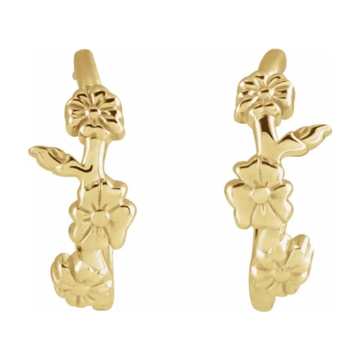 14K Yellow Gold Floral Inspired J-Hoop Earrings