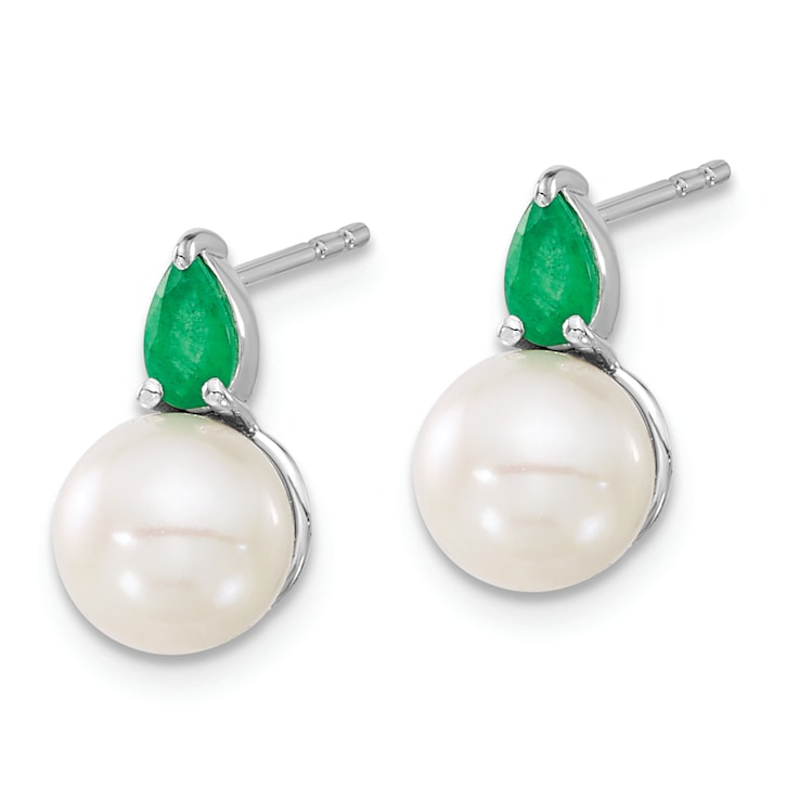 Rhodium Over 14K White Gold Freshwater Cultured Pearl and Emerald Post Earrings
