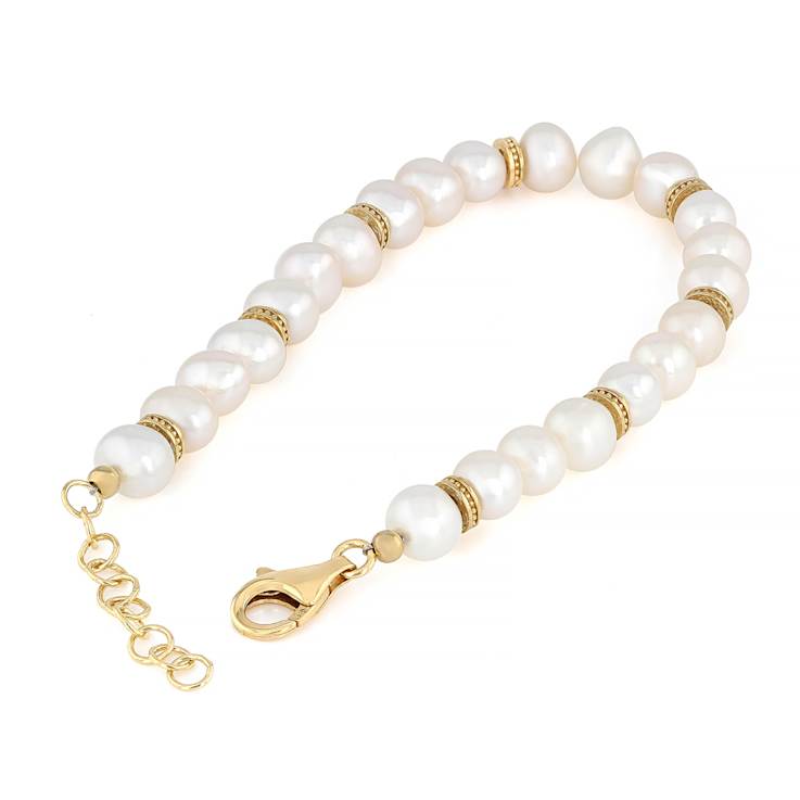 Cultured Freshwater Pearl Bracelet In 18K Gold Over Sterling Silver 6.5-7mm