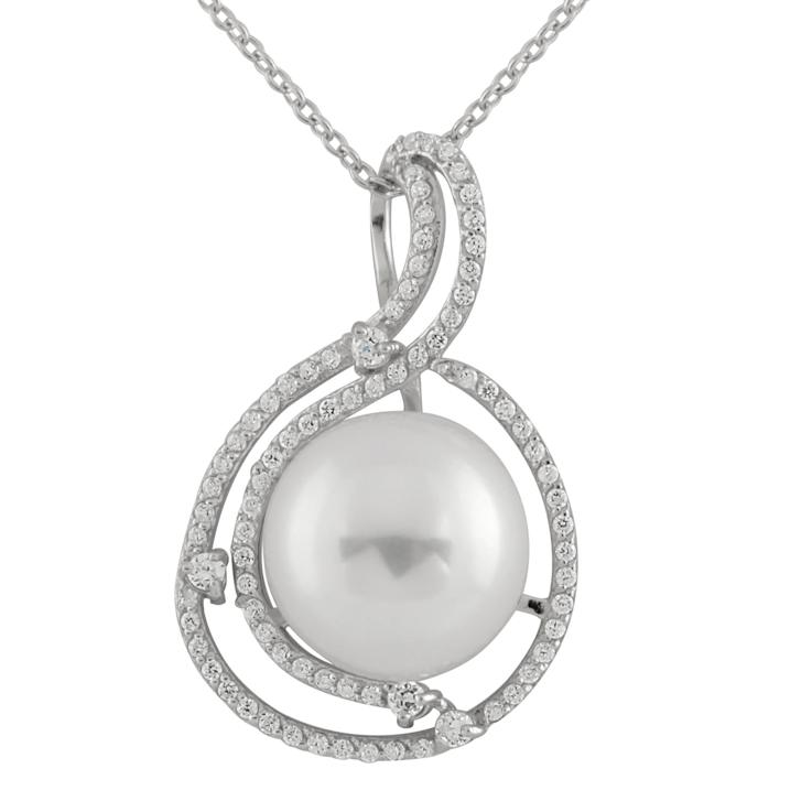 12-13mm Button White Cultured Freshwater Pearl and CZ Rhodium Over
Sterling Silver Pendant