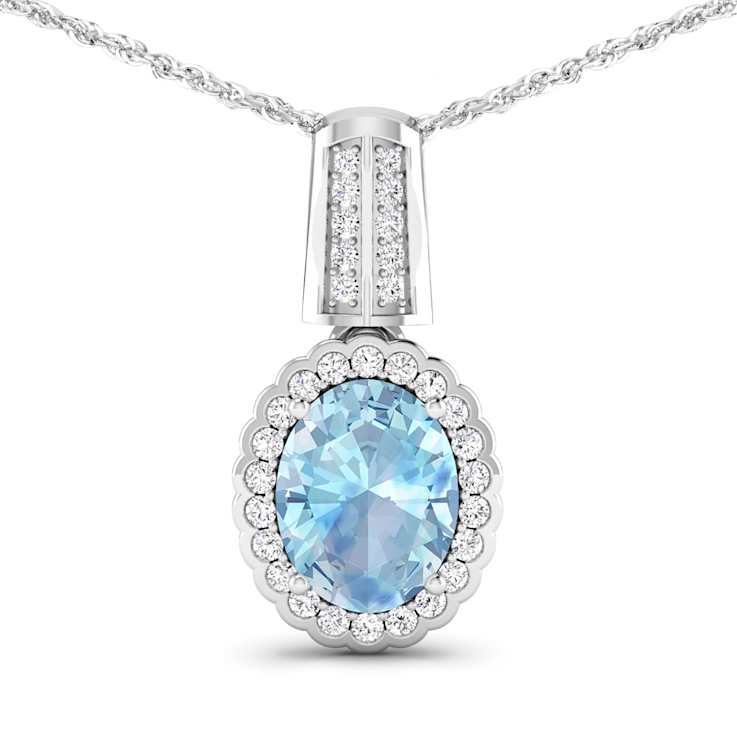 1.40ctw 14K White Gold Oval Aquamarine and White Diamond Pendant with 18
inch Cable Chain