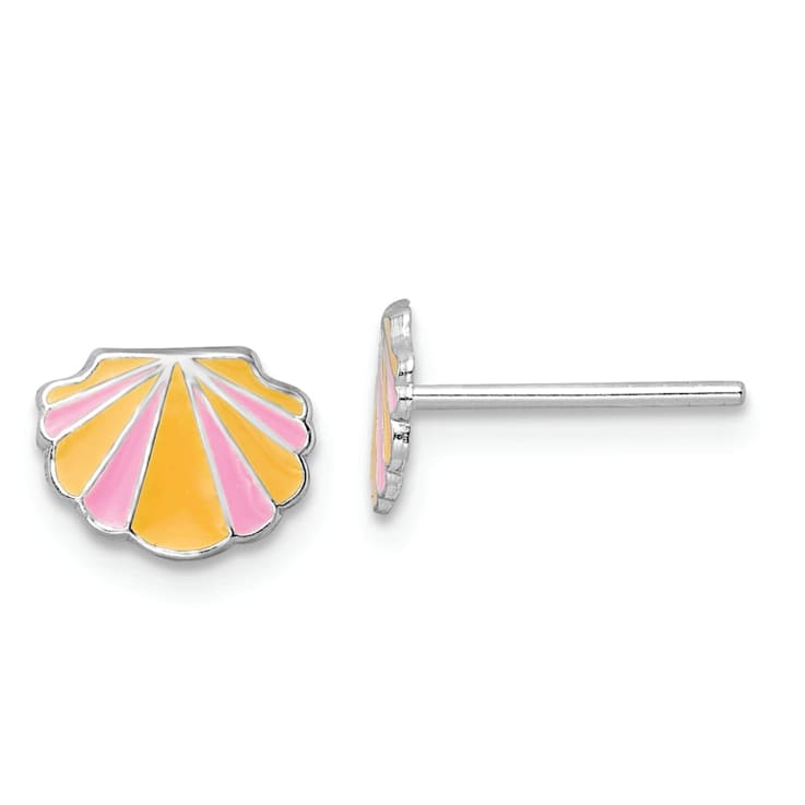 Rhodium Over Sterling Silver Pink/Orange Enamel Shell Children's Post Earrings