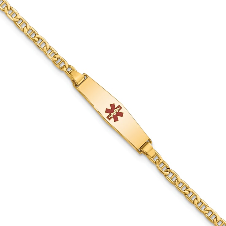 14k Yellow Gold Medical Soft Diamond Shape Red Enamel Mariner Link ID Bracelet