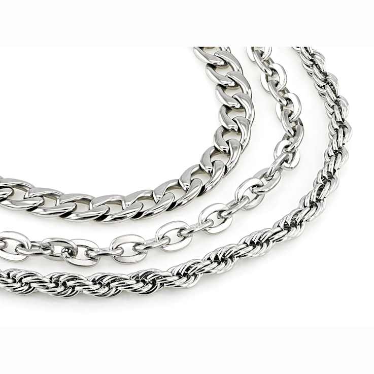Curb, Rope And Cable Link Bracelet Set Of 3 In Silver-Tone
