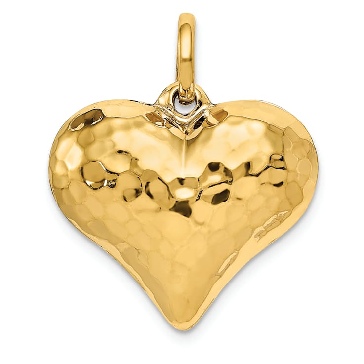 14k Yellow Gold Polished and Hammered 3D Heart Pendant
