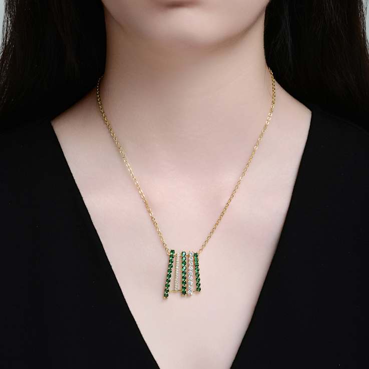 Emerald Color CZ Bar Pendant Necklace In 14K Gold Over Brass