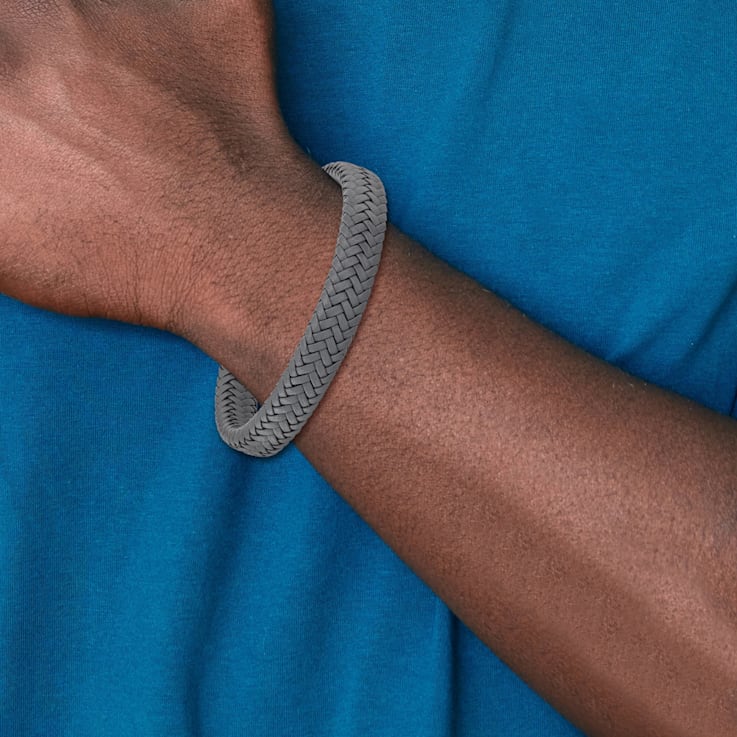 Gray Woven Leather and Stainless Steel Polished 8-inch with 0.5-inch
Extension Bracelet