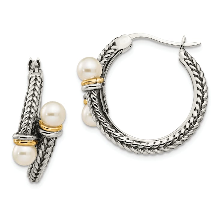 Sterling Silver Antiqued with 14K Accent 4mm Freshwater Cultured Pearl
Hoop Earrings