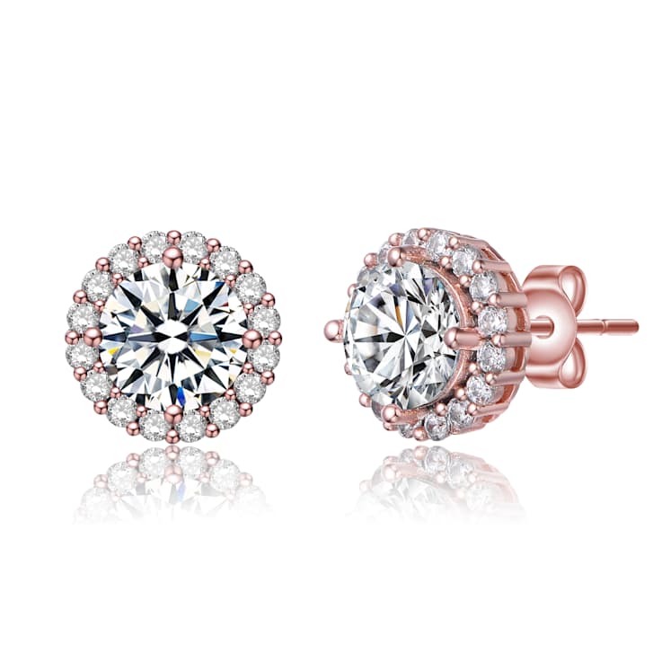 CZ Halo Stud Earrings In 18K Rose Gold Over Brass
