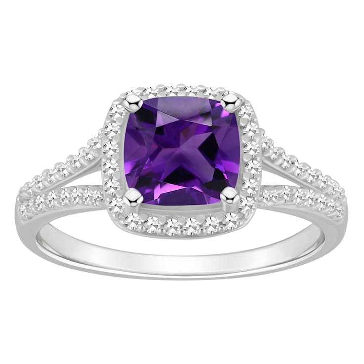 7mm Cushion Amethyst 1/4 ctw Diamond Rhodium Over Sterling Silver Halo Ring