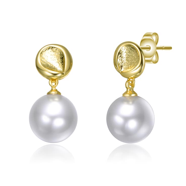 Pear Shape Pearl Simulant Textured Drop Earrings In 14K Gold Over Brass