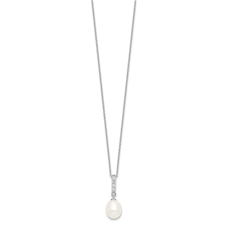Rhodium Over Sterling Silver 8-9mm White Freshwater Cultured Pearl Cubic
Zirconia Necklace