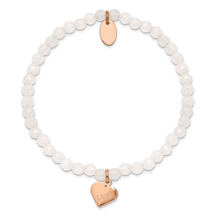 Rose Stainless Steel Polished LOVE Heart Jade Stretch Bracelet