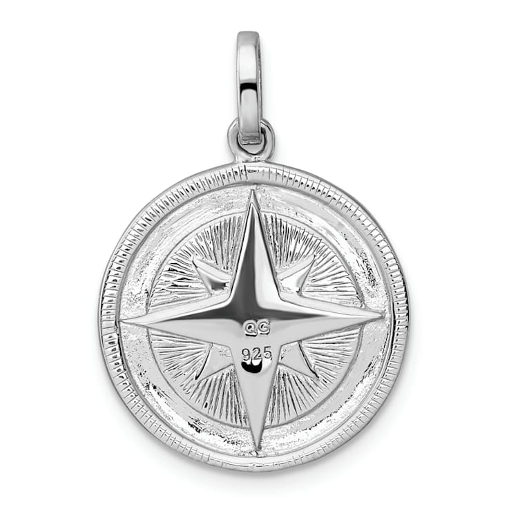 Rhodium Over Sterling Silver Cubic Zirconia Compass Pendant