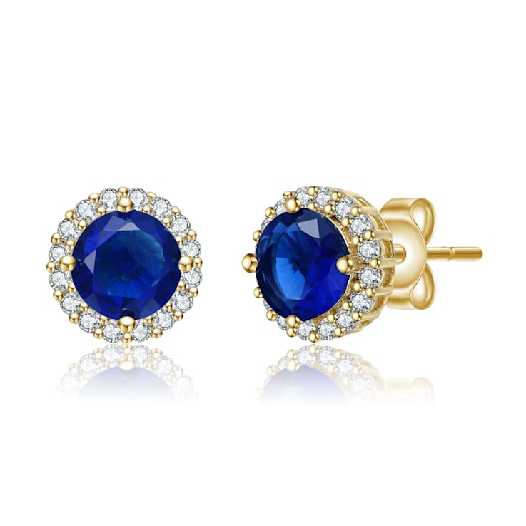 Sapphire Color CZ Halo Stud Earrings In 14K Gold Over Brass