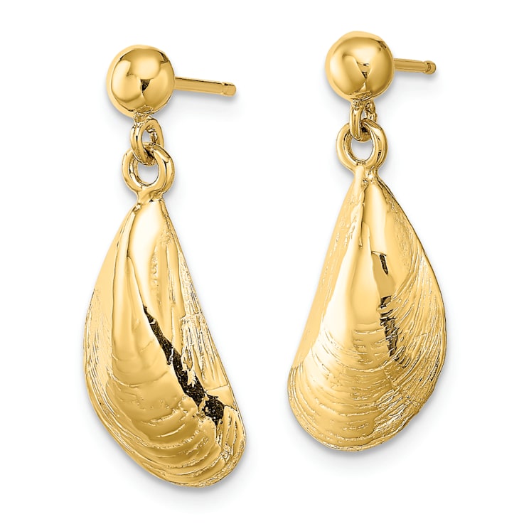 14k Yellow Gold Textured Mussel Shell Dangle Earrings