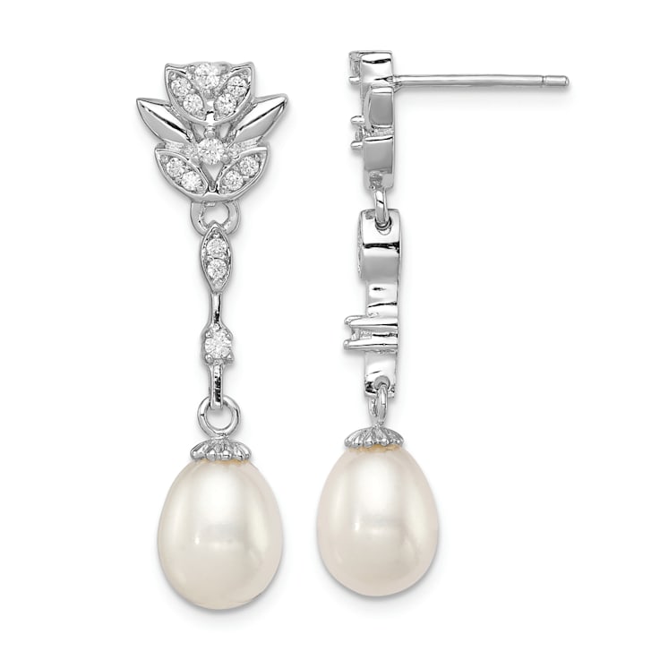 Rhodium Over Sterling Silver  8-9mm White FWC Pearl Cubic Zirconia Post
Dangle Earrings