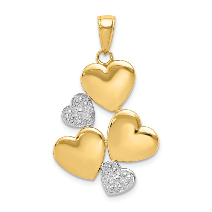 14k Yellow Gold and Rhodium Over 14k Yellow Gold Polished and Textured
Hearts Pendant