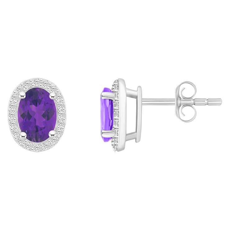 7x5mm Oval Amethyst And Created White Sapphire 10k White Gold Halo Stud Earrings