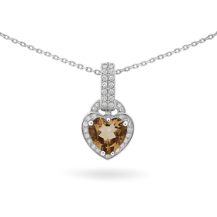 Natural Brown Whisky Quartz Sterling Silver Heart Shape Pendant with Chain