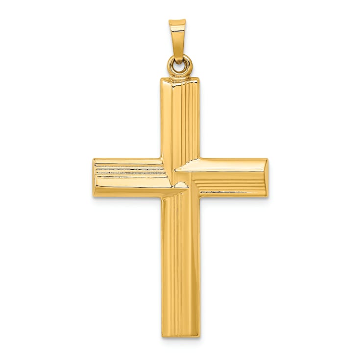 14k Yellow Gold Polished Stripe Design Latin Cross Pendant