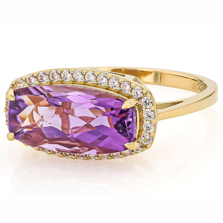 Amethyst Rectangular Cushion And White Zircon Ring In 18K Gold Over
Sterling Silver 3.49ctw