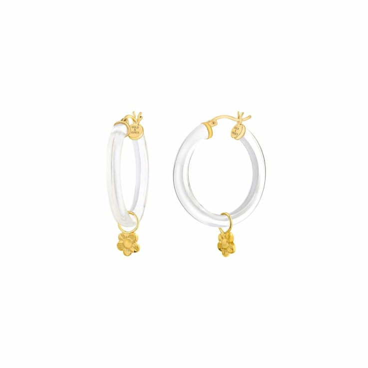 14K Yellow Gold Over Sterling Silver Acrylic Mini Flower Charm Hoop
Earrings in Clear