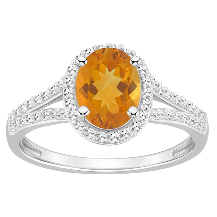8x6mm Oval Citrine 1/4 ctw Diamond Rhodium Over Sterling Silver Halo Ring