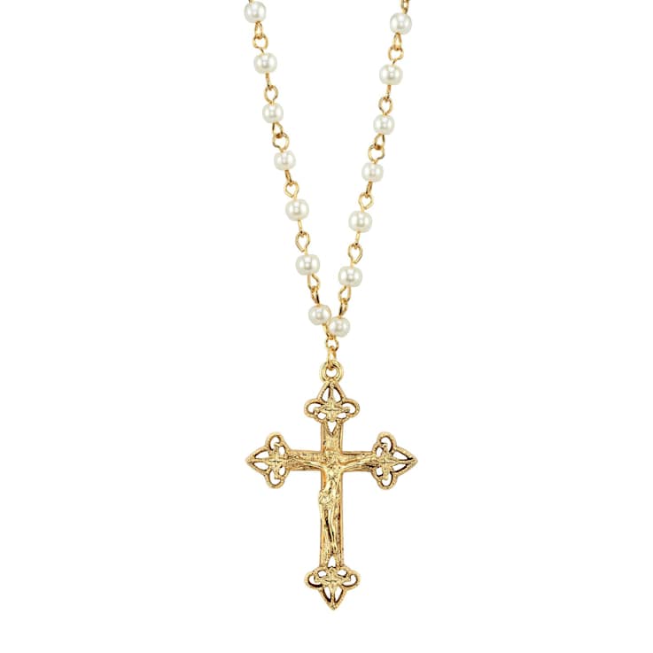 Crucifix Cross Pendant With Pearl Simulant Chain In Gold-Tone 16 Inch