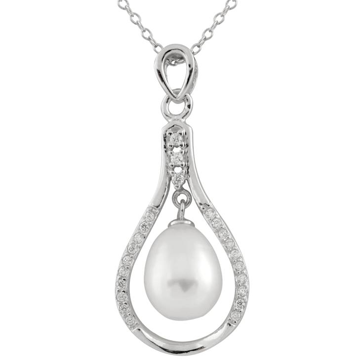 8-9mm Drop White Cultured Freshwater Pearl and CZ Rhodium Over Sterling
Silver Pendant