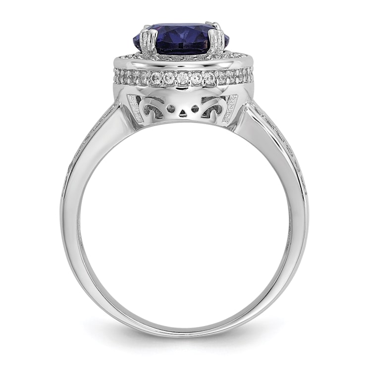 Rhodium Over Sterling Silver Polished Blue and White Cubic Zirconia Halo Ring