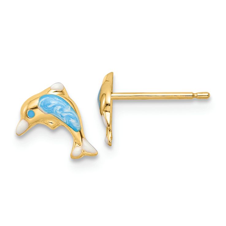 14k Yellow Gold Children's Polished Blue and White Enameled Dolphin Stud Earrings