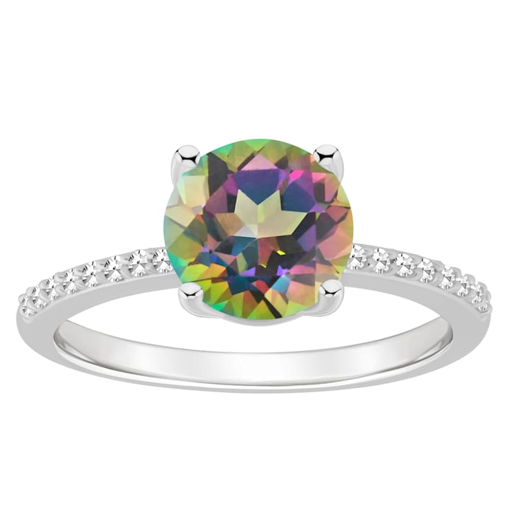 8mm Round Mystic Topaz and 1/10 ctw Diamond Rhodium Over Sterling Silver Ring
