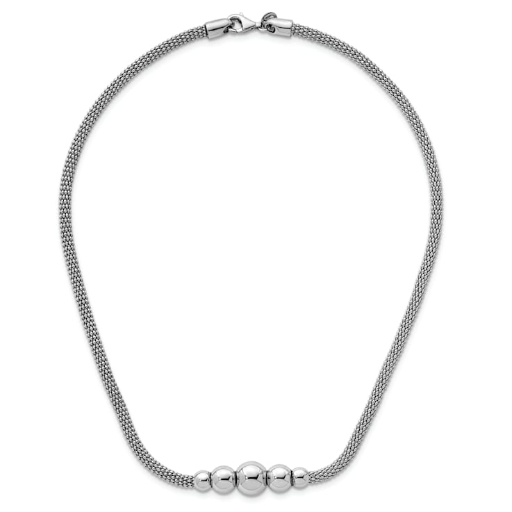 Rhodium Over Sterling Silver Polished Mesh Graduated Beaded Necklace