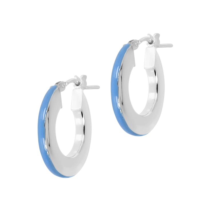 Sterling Silver Blue Enamel Round Hoop Earrings