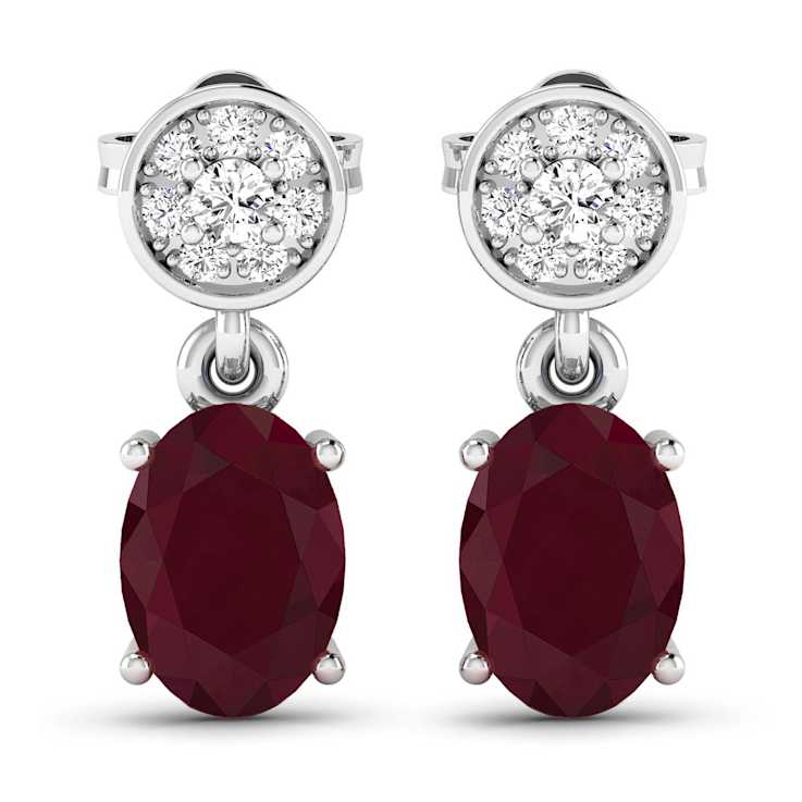 1.70ctw 14K White Gold  Red Ruby and White Diamond Halo Earrings