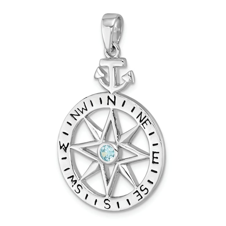Rhodium Over Sterling Silver Blue Cubic Zirconia Compass Rose with Small
Anchor Pendant