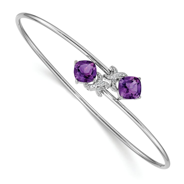 Rhodium Over 14k White Gold Diamond and Amethyst Flexible Bangle