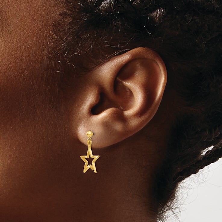 14k Yellow Gold Polished and Diamond-Cut Star Dangle Earrings