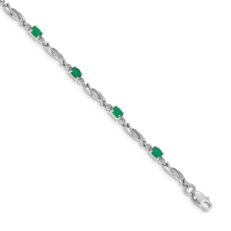 Rhodium Over 14k White Gold Diamond and Emerald Bracelet