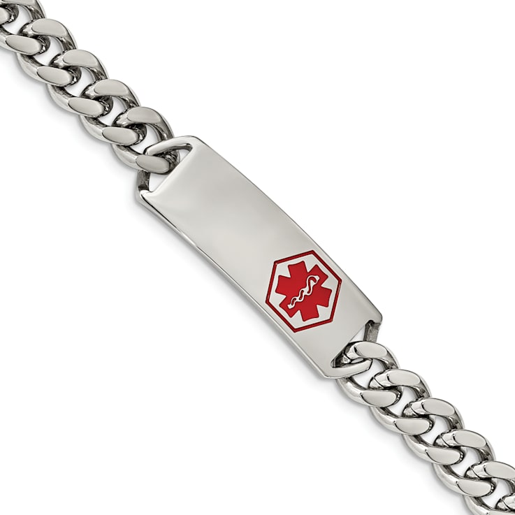 Stainless Steel Polished with Red Enamel 8-inch Medical ID Bracelet