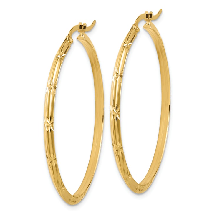 14K Yellow Gold 1 9/16" Polished Diamond-Cut and Brushed Hoop Earrings